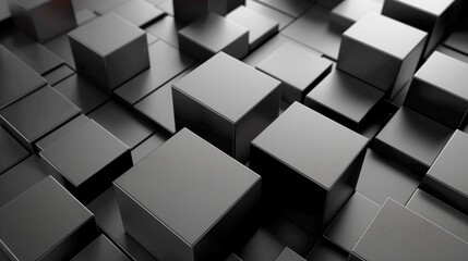 Abstract image of black geometric cubes arranged in a grid pattern, creating a modern and minimalist 3D background.