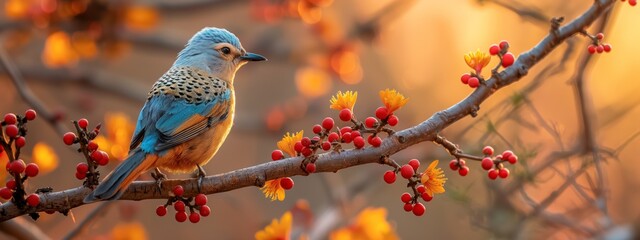 cute bird in autumn forest with crisp brown leaves and bokeh light with copy space