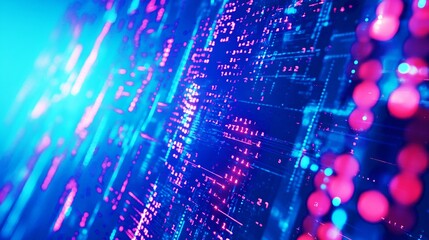 Obraz premium Abstract image of a futuristic digital interface with glowing neon lights and data streams in blue and pink hues.