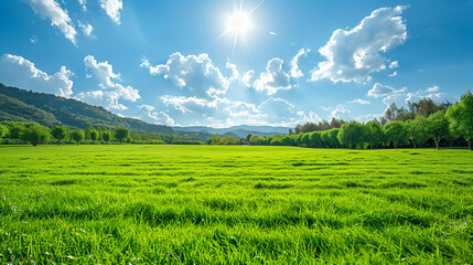 Fototapeta premium Lush Green Field Under a Bright Blue Sky - Generative AI