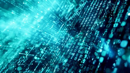 Abstract digital technology background with binary code and matrix-like glowing elements in shades of blue and green, depicting data streams and information flow.