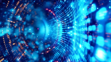 Fototapeta premium Abstract digital tunnel with binary code and glowing lights in blue tones, representing data transmission and futuristic technology.