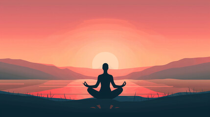 An illustration of a person in the lotus position with a serene background, emphasizing mindfulness and meditation, lotus position, flat design, with copy space, inscription Intern