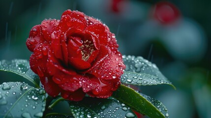 Red camellia petals with water droplets in the rain