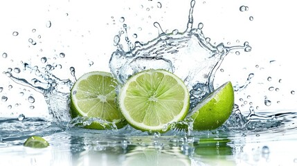 Lime and water splash isolated on white background