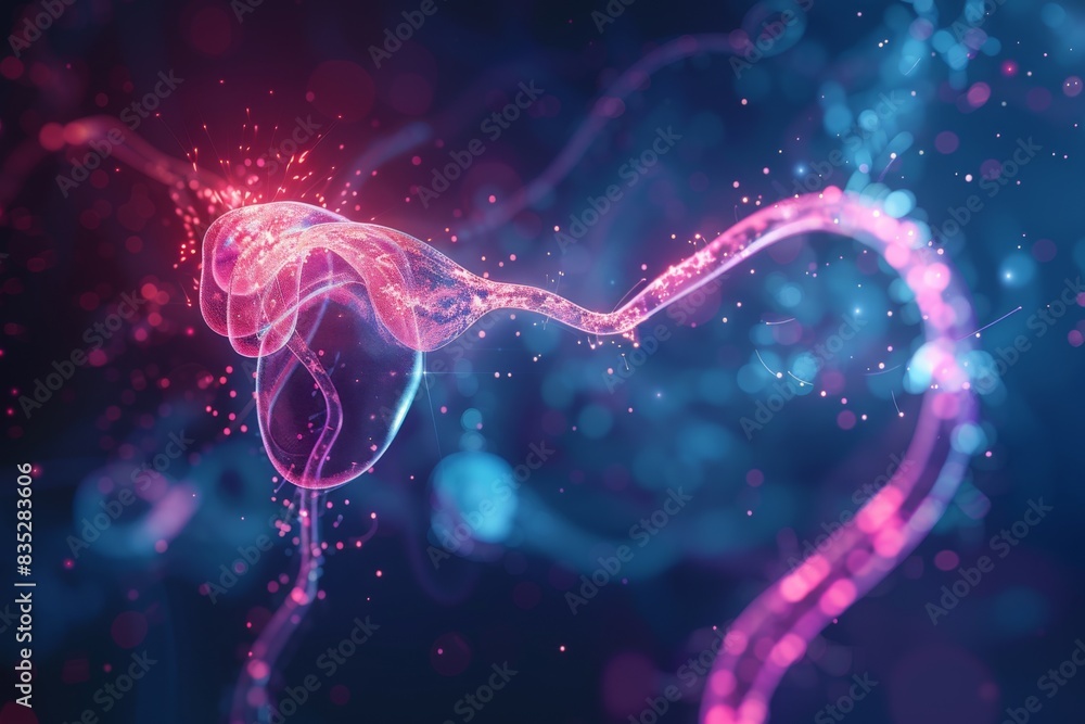 Poster a dynamic illustration of a neuron with signals traversing its structure, highlighted in vivid color