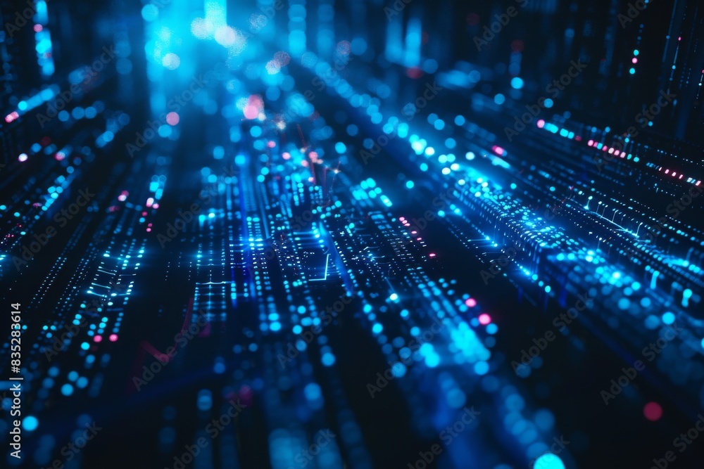 Poster dazzling visual of blue light strands representing digital data flow in an abstract form