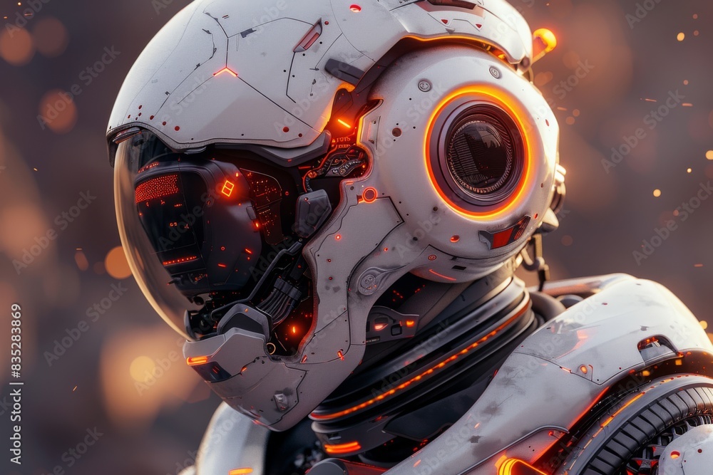 Poster a highly detailed close-up of a futuristic robot head showing intricate textures