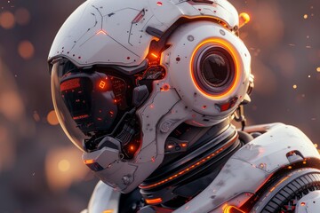 Fototapeta premium A highly detailed close-up of a futuristic robot head showing intricate textures