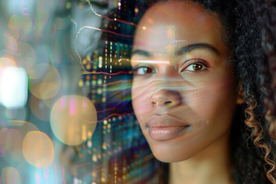 Portrait of a woman with a futuristic digital interface overlaying her image