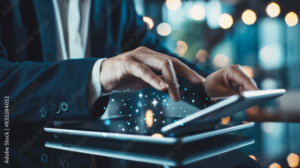 Poster close-up of a businessman using a digital technology tablet with pop-up signs. man's hands with tabl