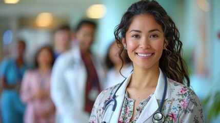 Fototapeta premium Cheerful female doctor standing with colleagues in a hospital