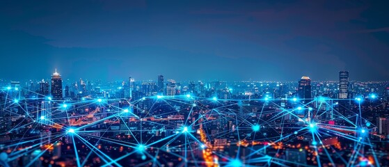 Modern Technology Concept : Network and Connection technology night city background at business center