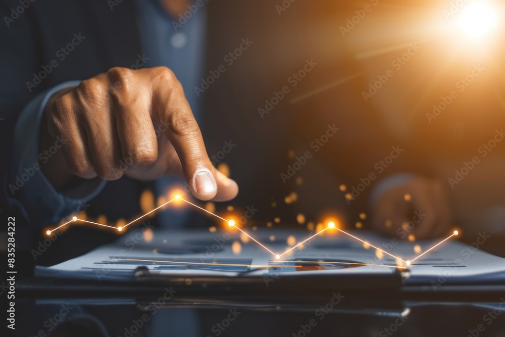 Poster close-up of a person's hand pointing at interactive charts on a digital tablet with glowing graphs c