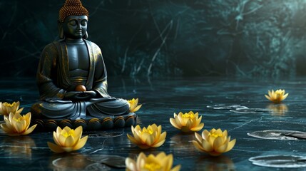 Gold Buddha statue and yellow lotus flowers on empty dark background with copy space, yoga,...