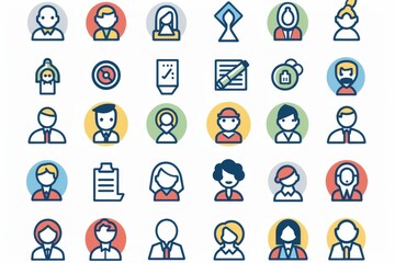 Obraz premium A grid of vector icons portraying various business roles and activities in a flat design style