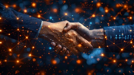 Close-up of two business people shaking hands over a digital network background