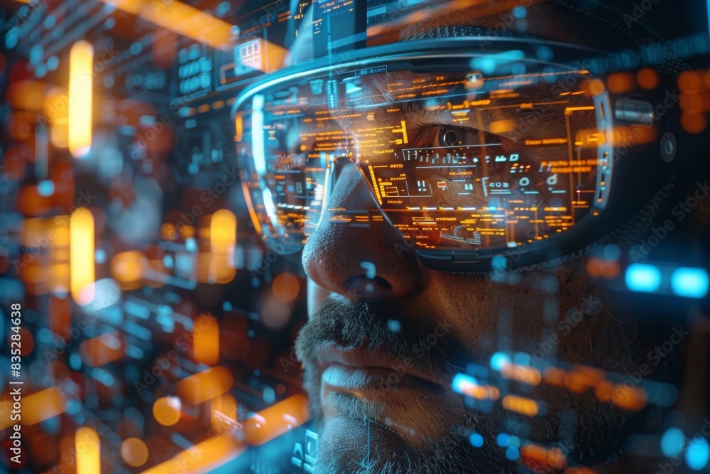 Poster closeup of a neon-lit motherboard or computer chip with a futuristic tech design and digital compone