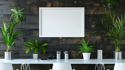 Stylish workspace with a blank white frame on a dark wooden wall, featuring minimalist white desks and contemporary indoor plants.