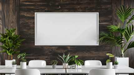 Stylish workspace with a blank white frame on a dark wooden wall, featuring minimalist white desks and contemporary indoor plants.