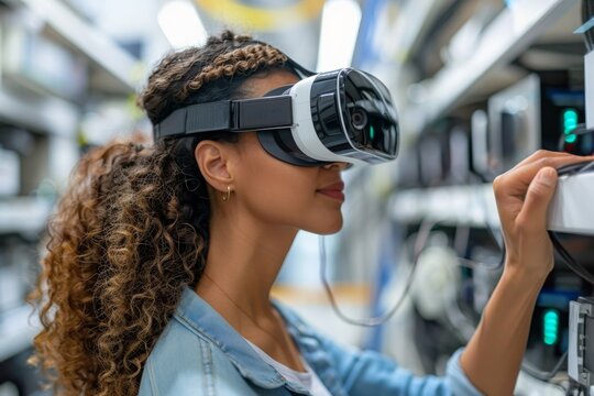 A woman interacts with high-tech equipment while wearing a VR headset in a bright, modern computing room