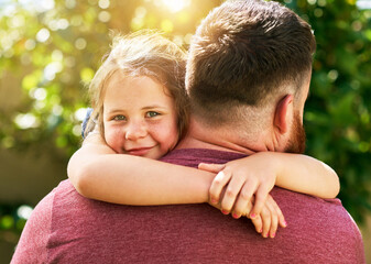 Dad, girl and portrait of hug in garden with bonding, smile and outdoor love on summer weekend....