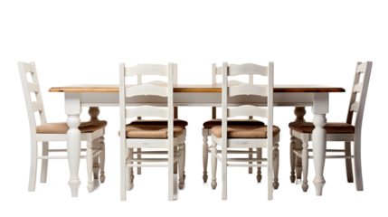 photo of a farmhouse dining table with ladder-back chairs, isolated on a white background.