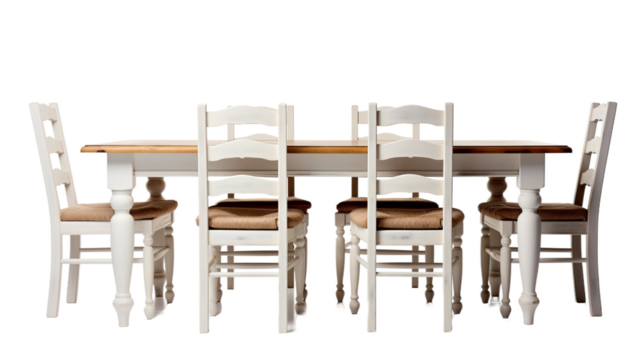 photo of a farmhouse dining table with ladder-back chairs, isolated on a white background.