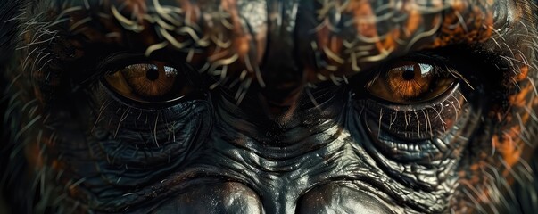 Macro shot of an orangutan's face, emphasizing texture, detail, and emotion.