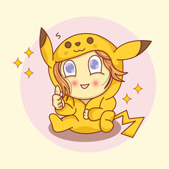 Cute girl sitting with yellow costume .Vector illustration cartoon