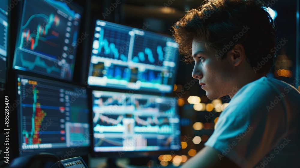 Poster a man is seated in front of several computer monitors, concentrating on his work in a modern office 