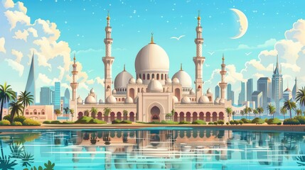 Obraz premium Mosque wallpaper and building for worship in Islam with architecture or temple