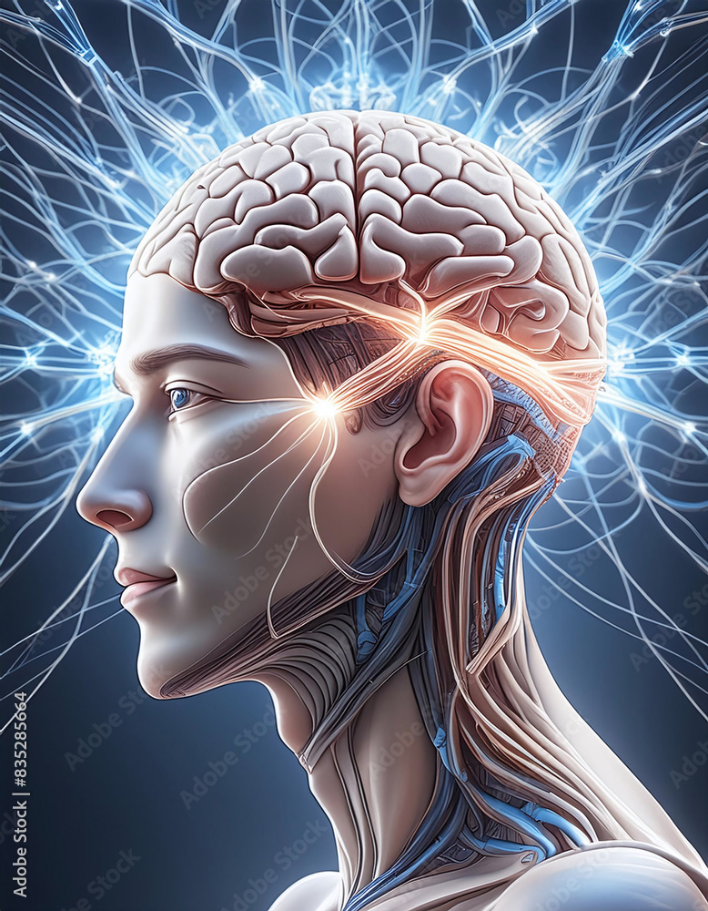 Poster a detailed illustration of a human head in profile, showcasing the intricate workings of the brain w