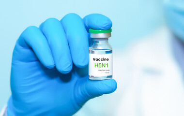 A doctor in blue gloves holding a bottle with vaccine vial of H5N1.Bird flu vaccine. The concept of...