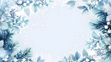 Illustrate a wedding invitation design template with a winter wonderland theme. The background should be a soft, icy blue with white snowflakes and subtle sparkles creating a magical effect. Include