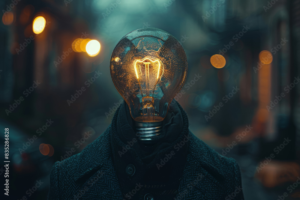 Poster a man with a lightbulb replacing his head. concept of ideas and innovation. generative ai.