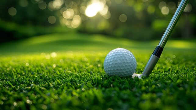 golf player putting ball on green with sunlight background