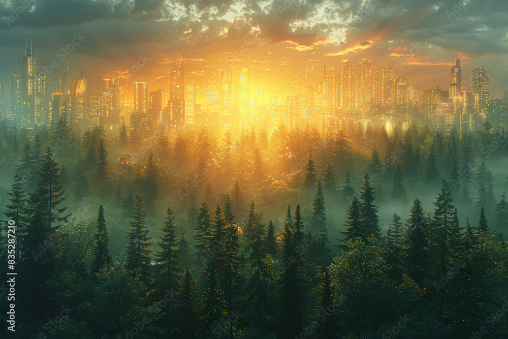 Poster a forest turning into a cityscape. concept of urbanization and progress. generative ai.