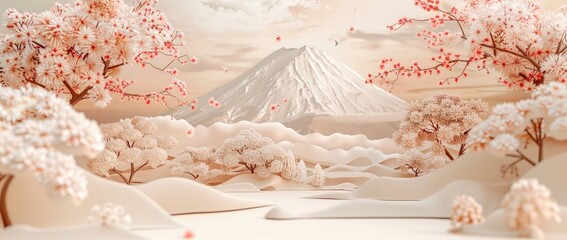 3D wallpaper with a Japanese landscape featuring Mount Fuji and cherry blossoms. An elegant paper art background for wall decoration