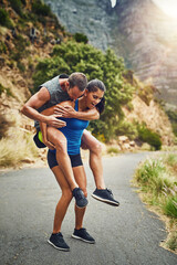 Piggyback, fitness and runner couple in nature for marathon training, cardio workout or physical...