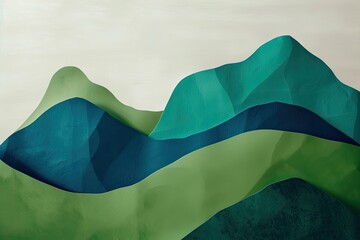 Minimalist abstract shapes resembling mountains in green and blue, symbolizing strength and health