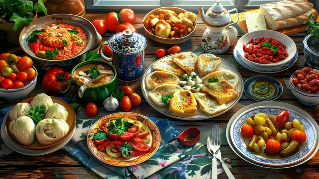 Assortment of Russian traditional dishes. Russian food