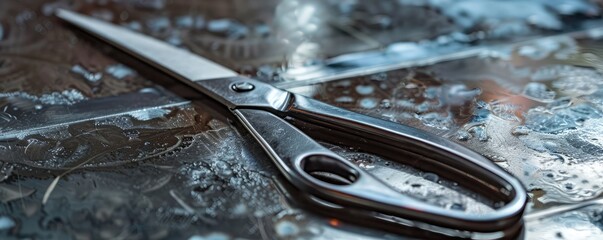 A conceptual image of medical surgical scissors on a reflective surface.