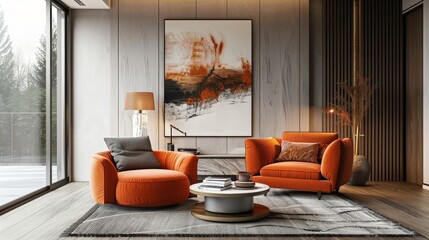 Modern living room with orange armchair and decor 