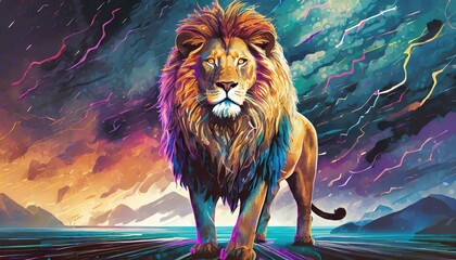 Design concept A powerful lion standing strong against a stormy backdrop, with flat, bold colors....