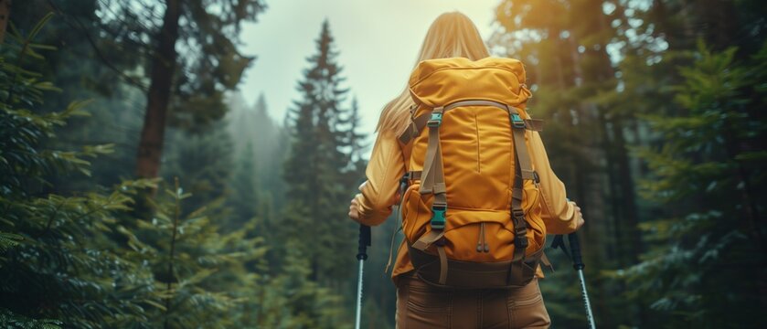 Hiker walking through the wilderness wearing a backpack