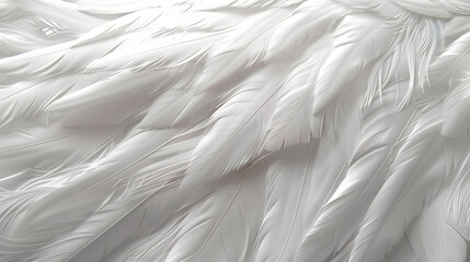 Dense background of white feathers. Close up texture of white swan feather or angel wing. Bird plumage. Copy space. High resolution. human enhanced