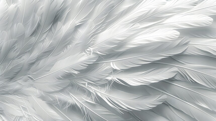 Obraz premium Dense background of white feathers. Close up texture of white swan feather or angel wing. Bird plumage. Copy space. High resolution. human enhanced
