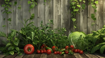 Variety of fresh herbs and vegetables, cearls on wooden background