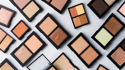 A variety of contouring and highlighting palettes arranged on a light background. Generative AI